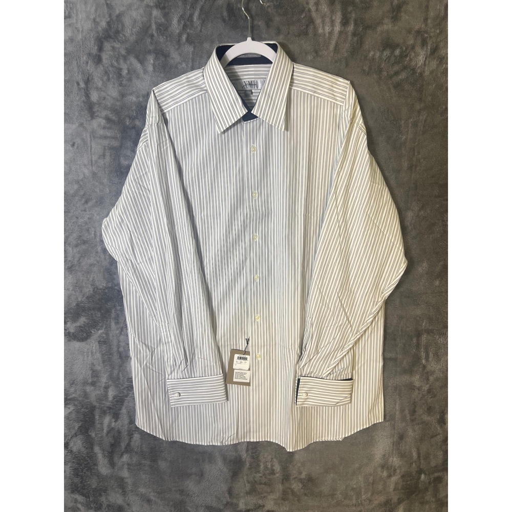 XMI Platinum Mens Dress Shirt 17.5 2L White Blue Striped French Cuff Portugal